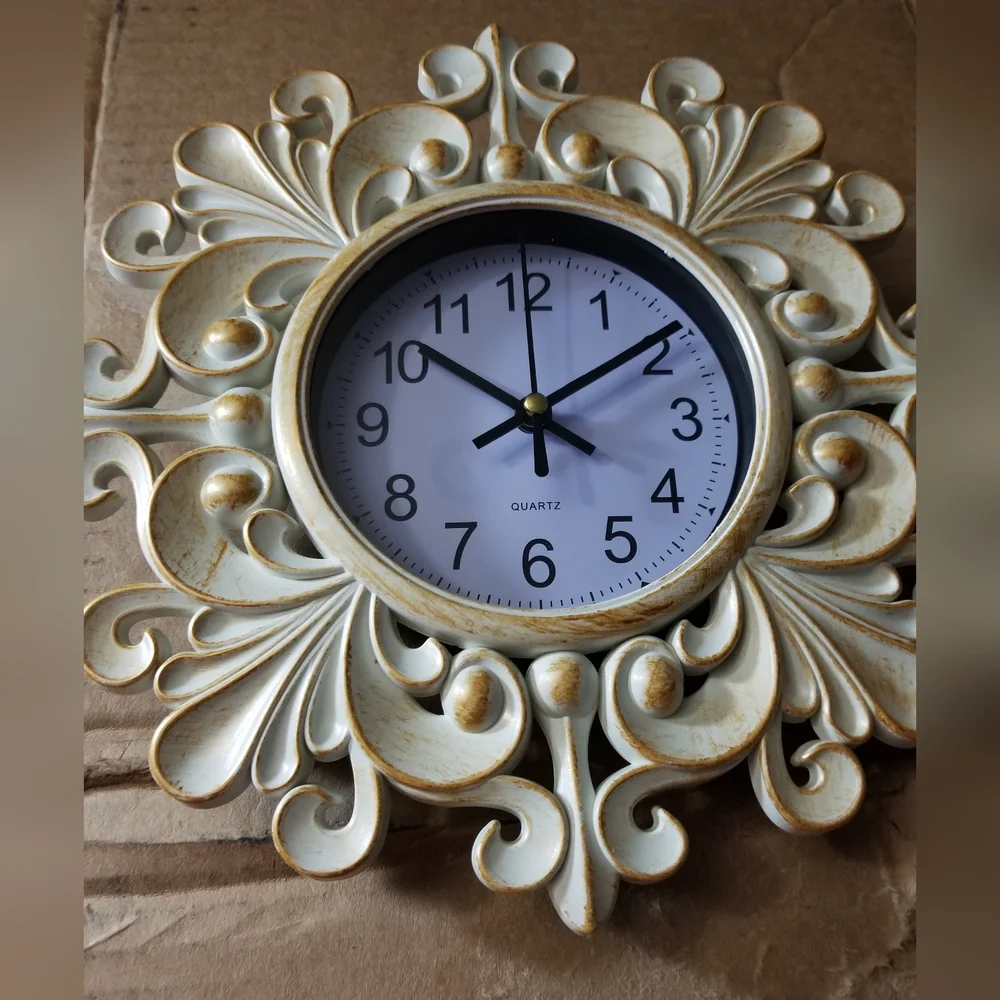 - Beige Embossed Fleur De Lis Floral Design Clock Battery Operated - NWOB